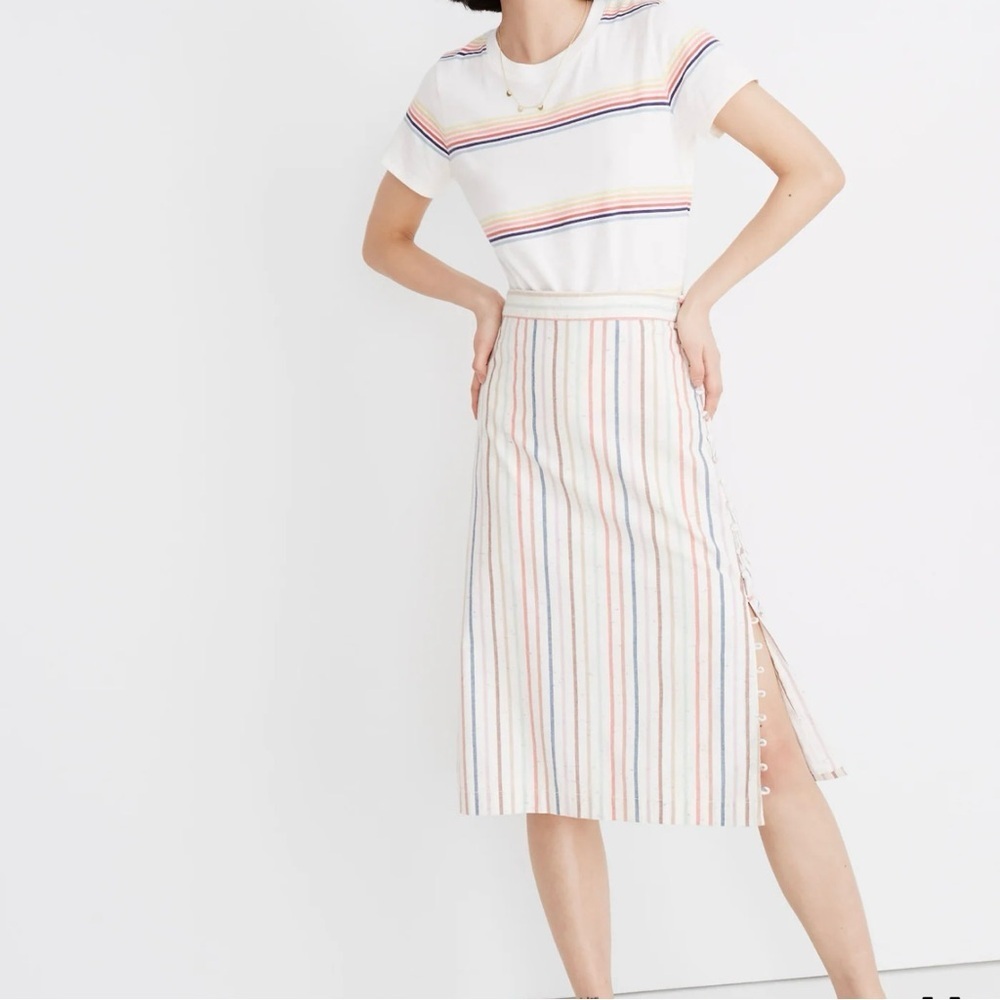 Madewell Slit Midi Skirt in Flecked Rainbow Stripe 00 Cotton Minimalist Lined